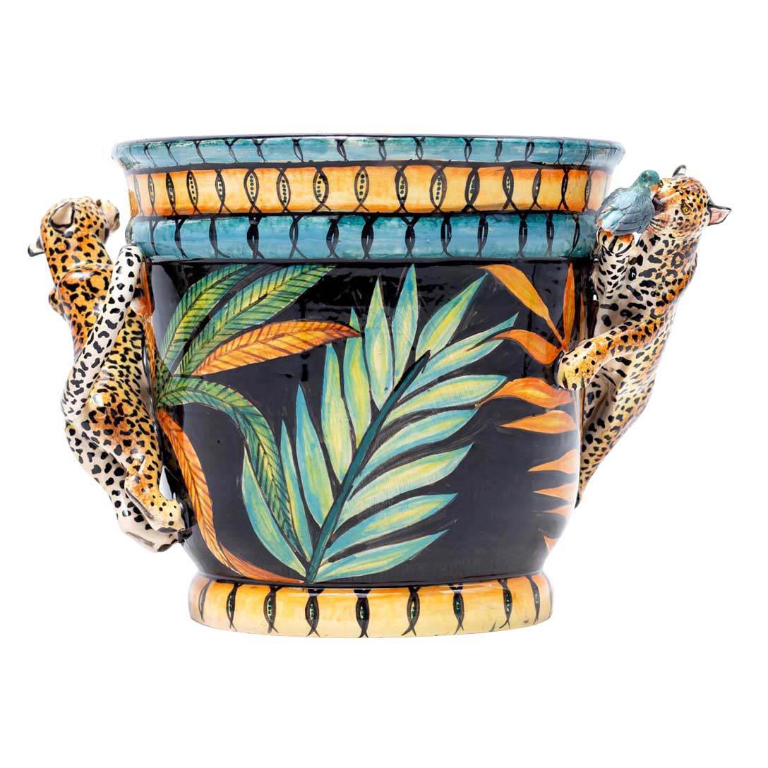 Leopard, kingfisher ,palm leaves,blue, gold,black pot plant