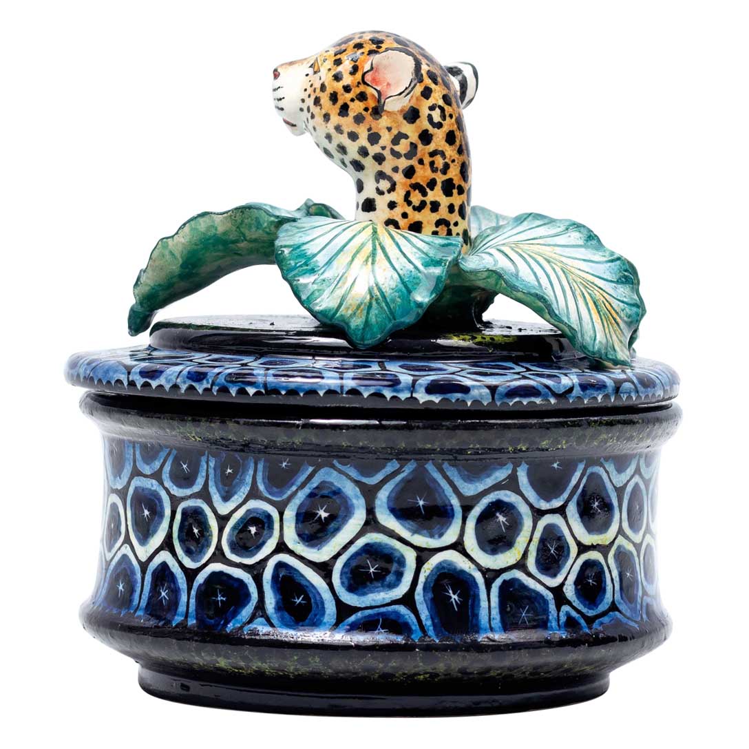 Leopard,leaves,stones pattern, blue, black, jewelry box