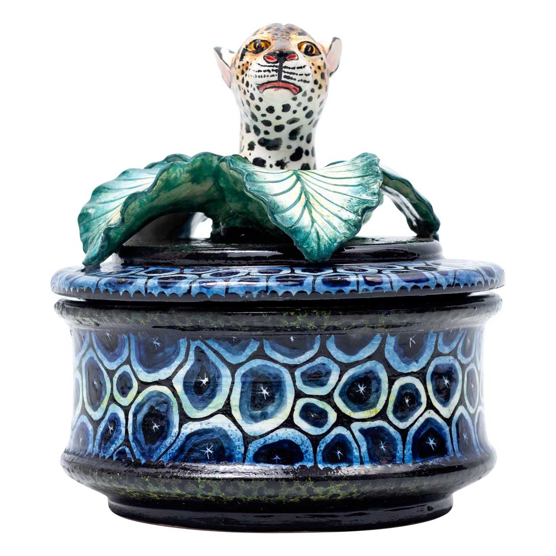 Leopard,leaves,stones pattern, blue, black, jewelry box