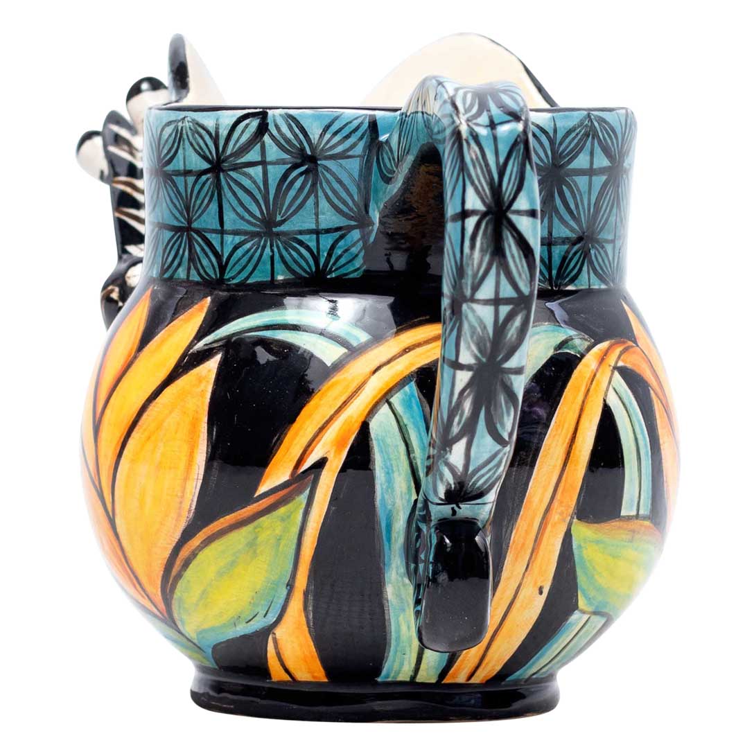 Zebra,protea,grass, blue, gold, black jug