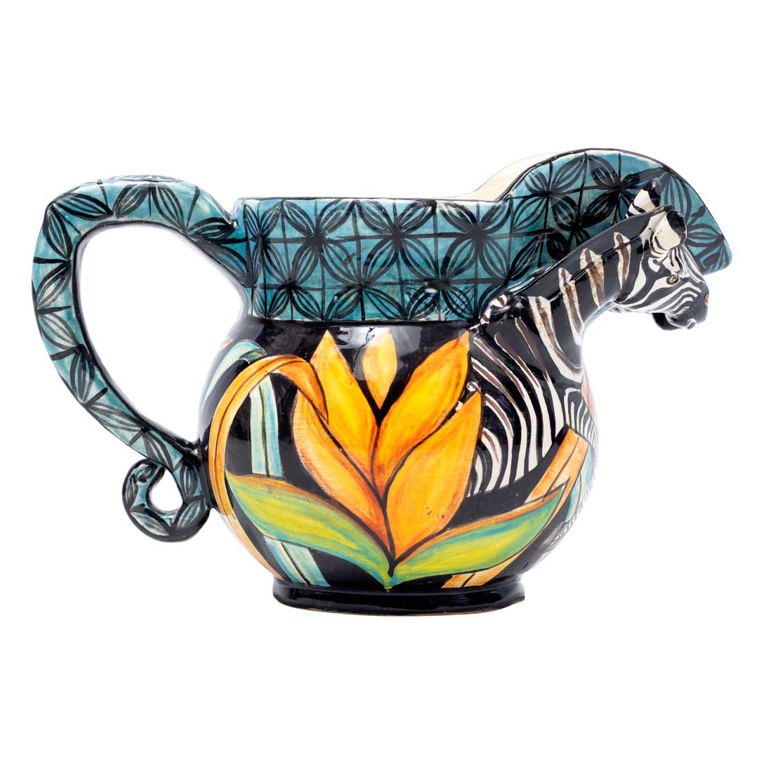 Zebra,protea,grass, blue, gold, black jug