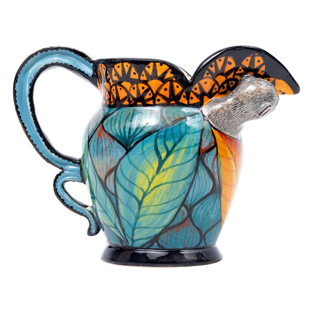 Monkey, leaves, pattern, blue,black and gold jug