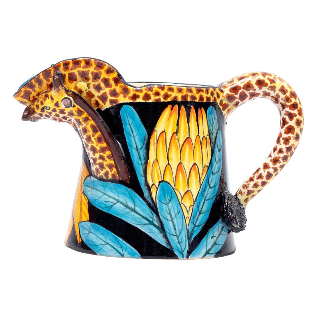 Giraffe, protea, blue, gold and black  jug