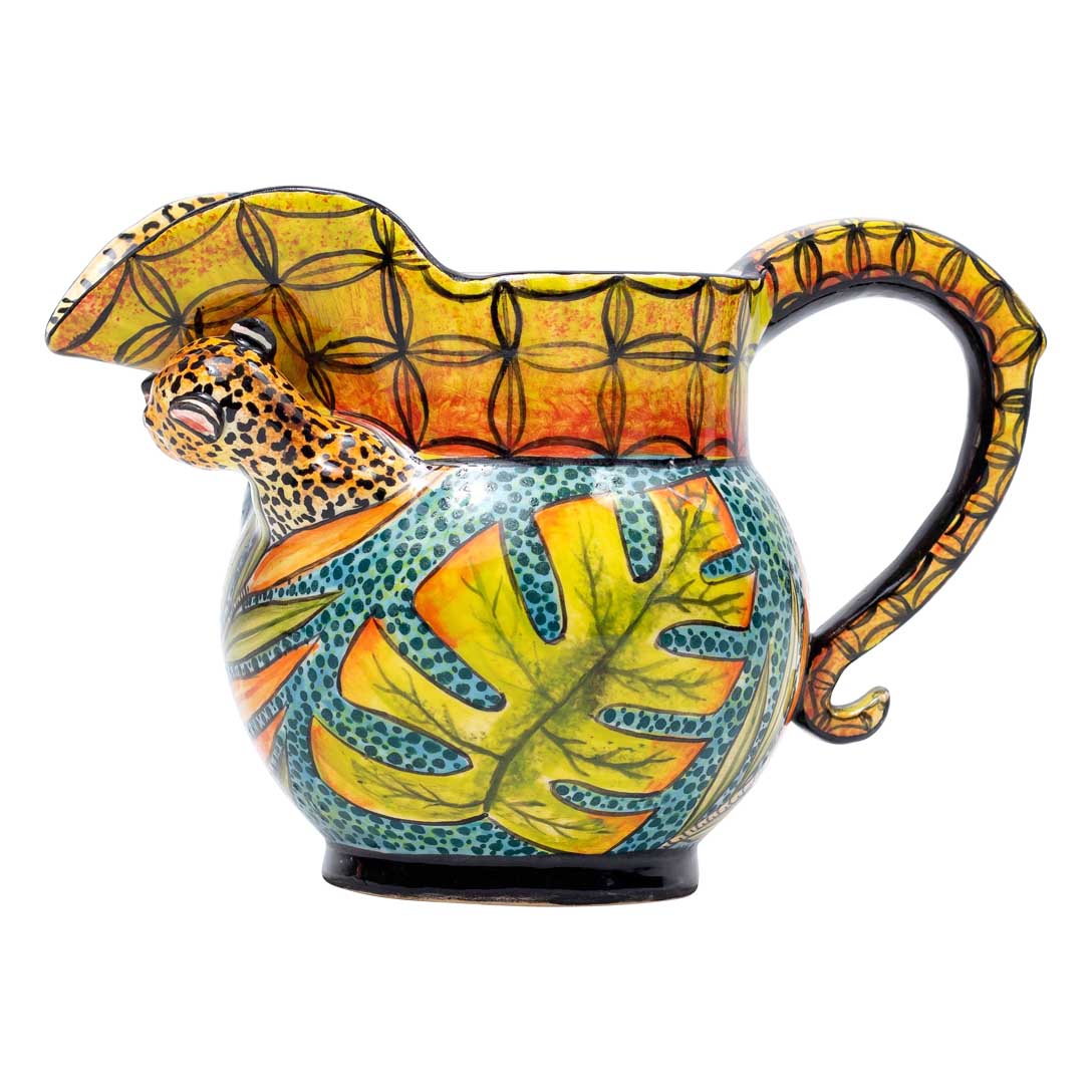 Leopard, leaves, green, black and gold jug.