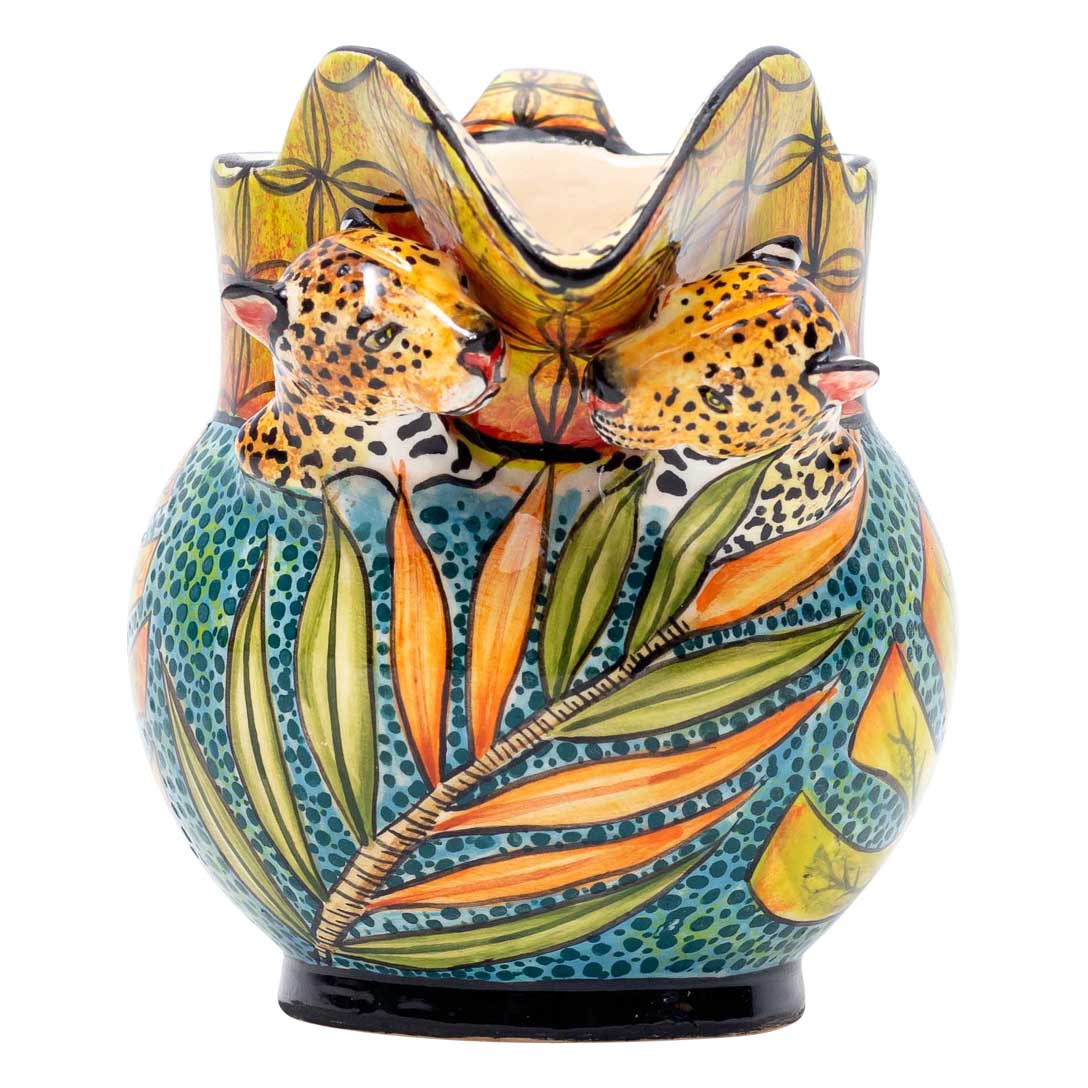 Leopard, leaves, green, black and gold jug.