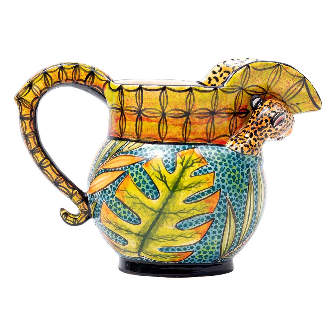 Leopard, leaves, green, black and gold jug.