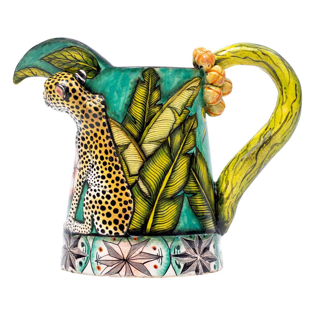 Hibiscus flower, green leaves, sea green color,leopard jug