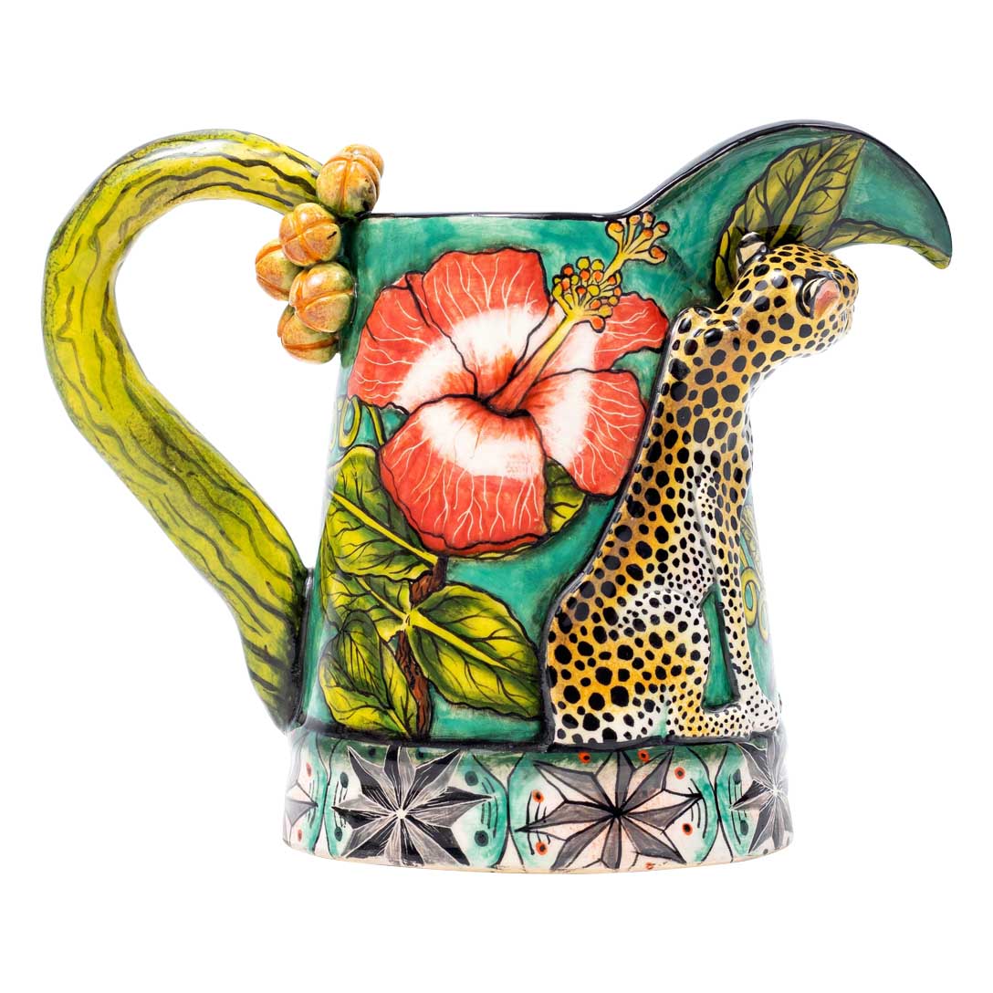 Hibiscus flower, green leaves, sea green color,leopard jug