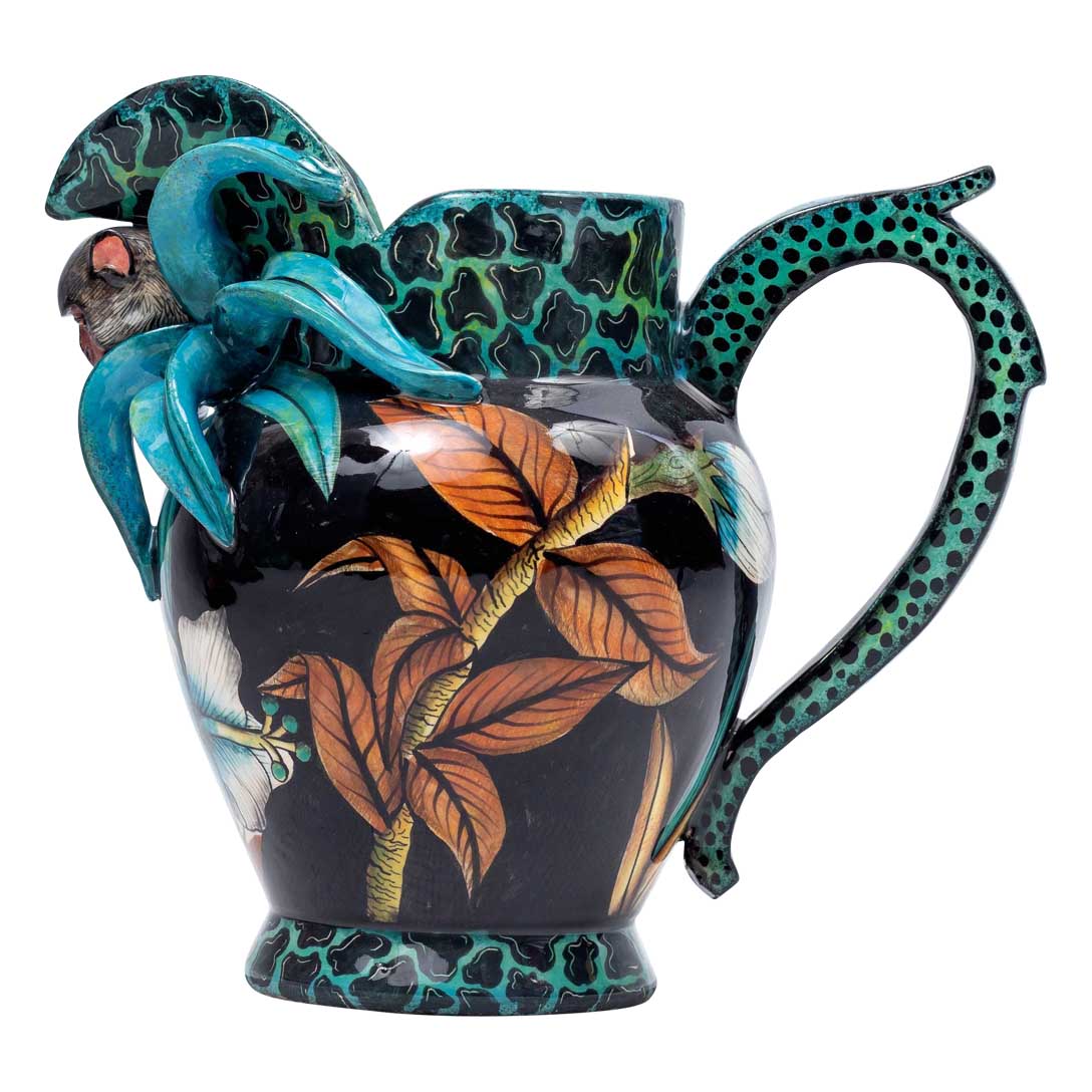 Monkey, hibiscus flower,blue,brownand black jug