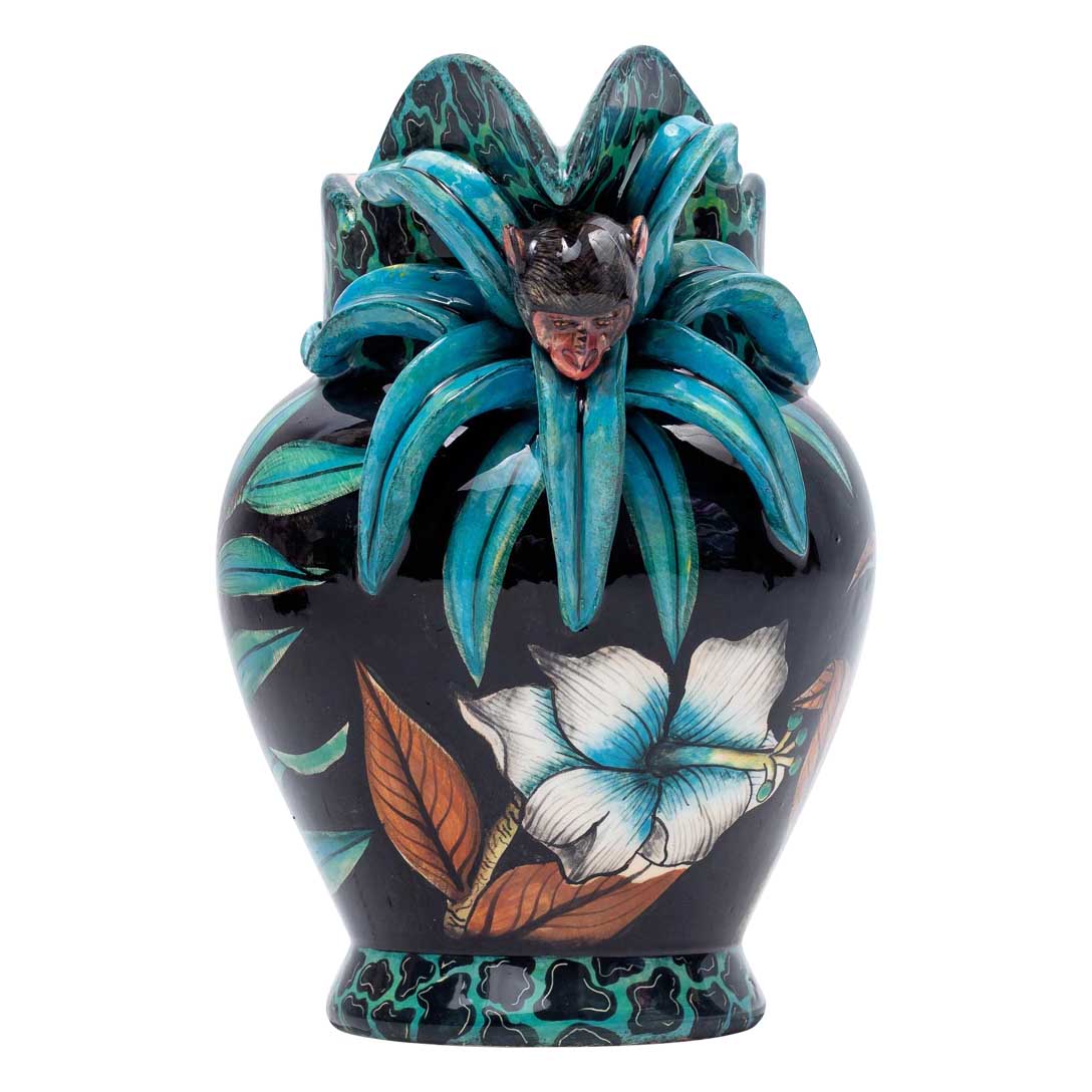 Monkey, hibiscus flower,blue,brownand black jug