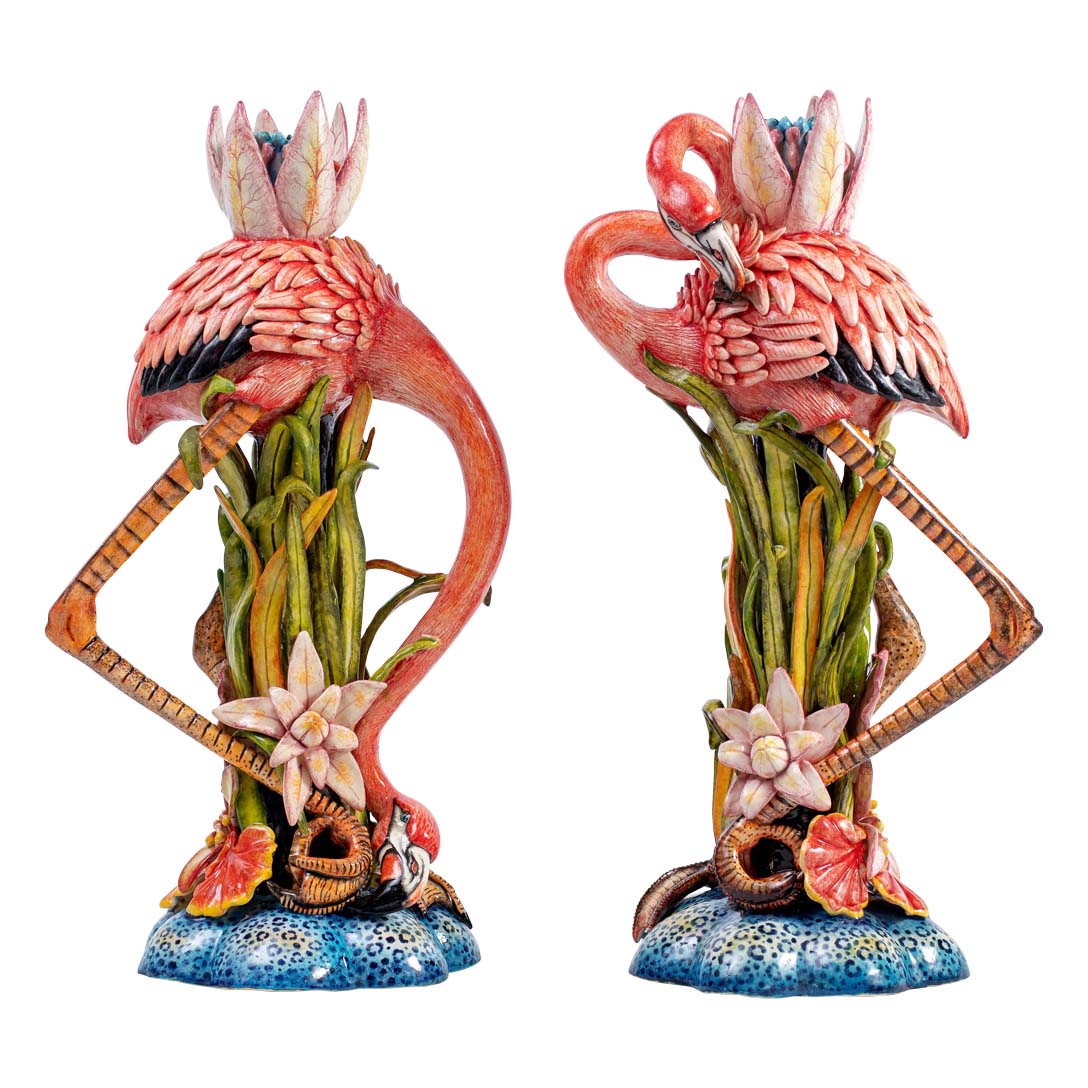 Pair of flamingoes & lily flower candlesticks