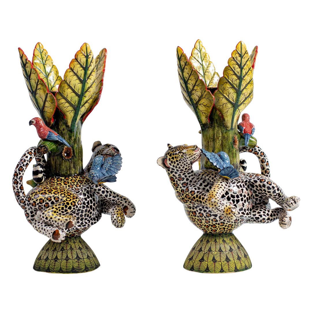 Pair of leopard & kingfisher candlesticks