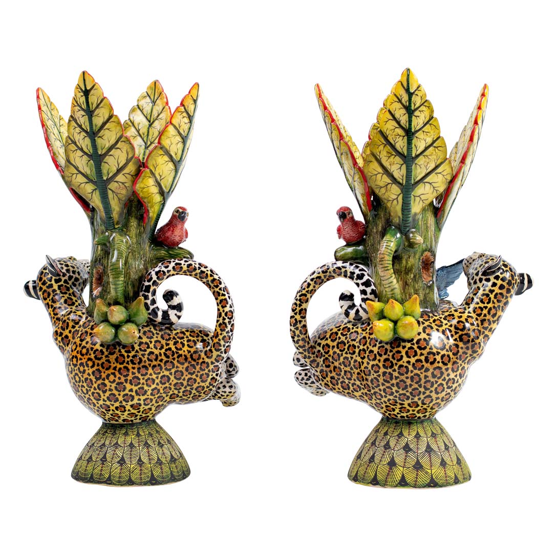 Pair of leopard & kingfisher candlesticks