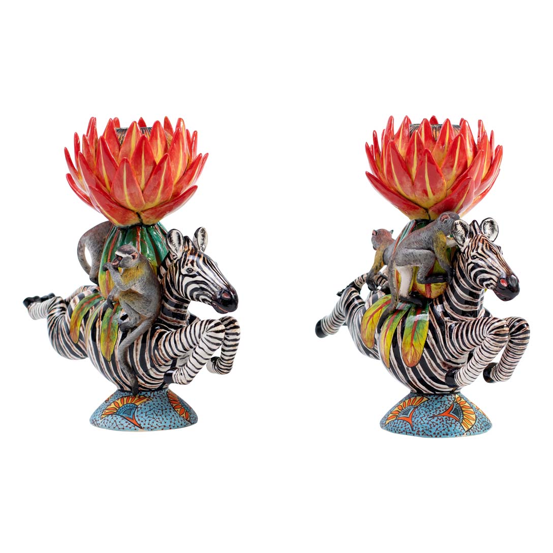 Pair of zebra & protea flower candlesticks