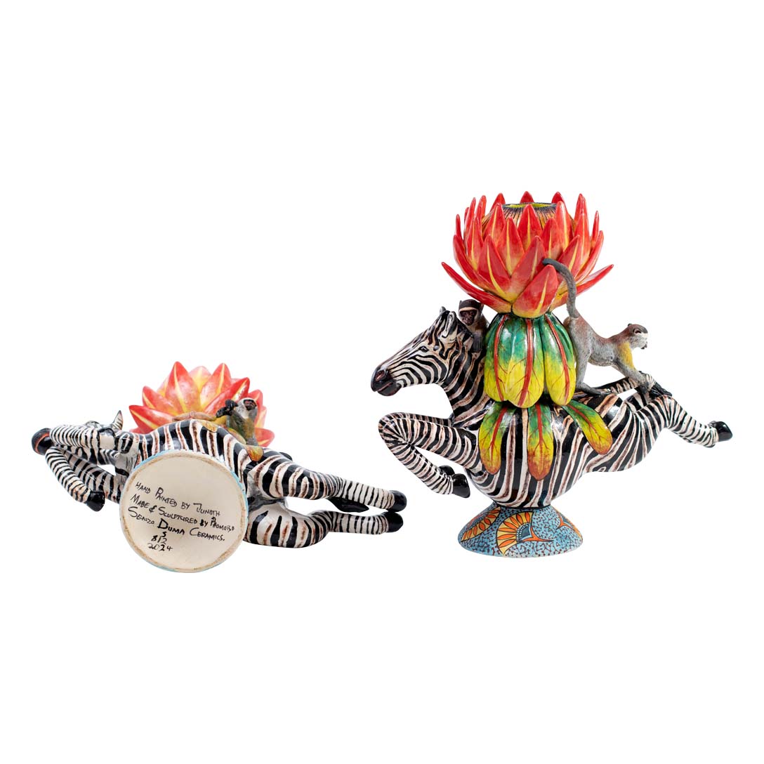 Pair of zebra & protea flower candlesticks