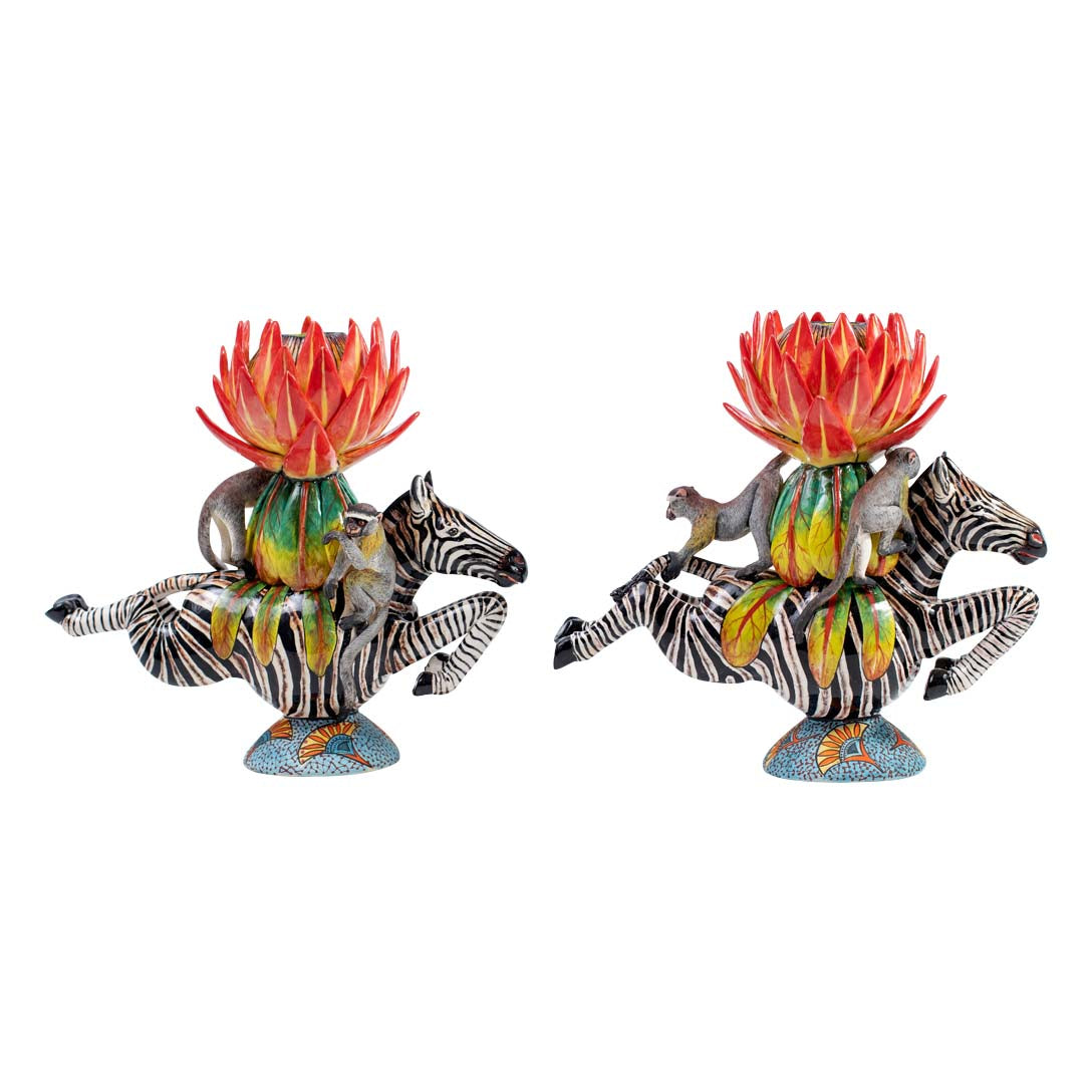Pair of zebra & protea flower candlesticks