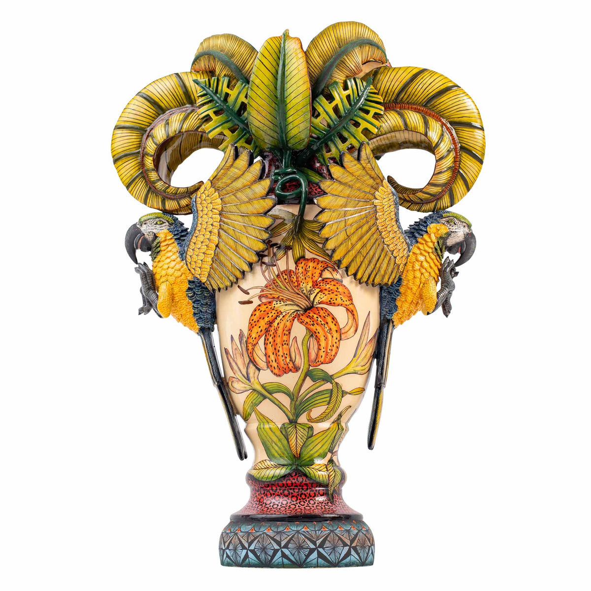 Parrot, lilium flower & palm leaves vase