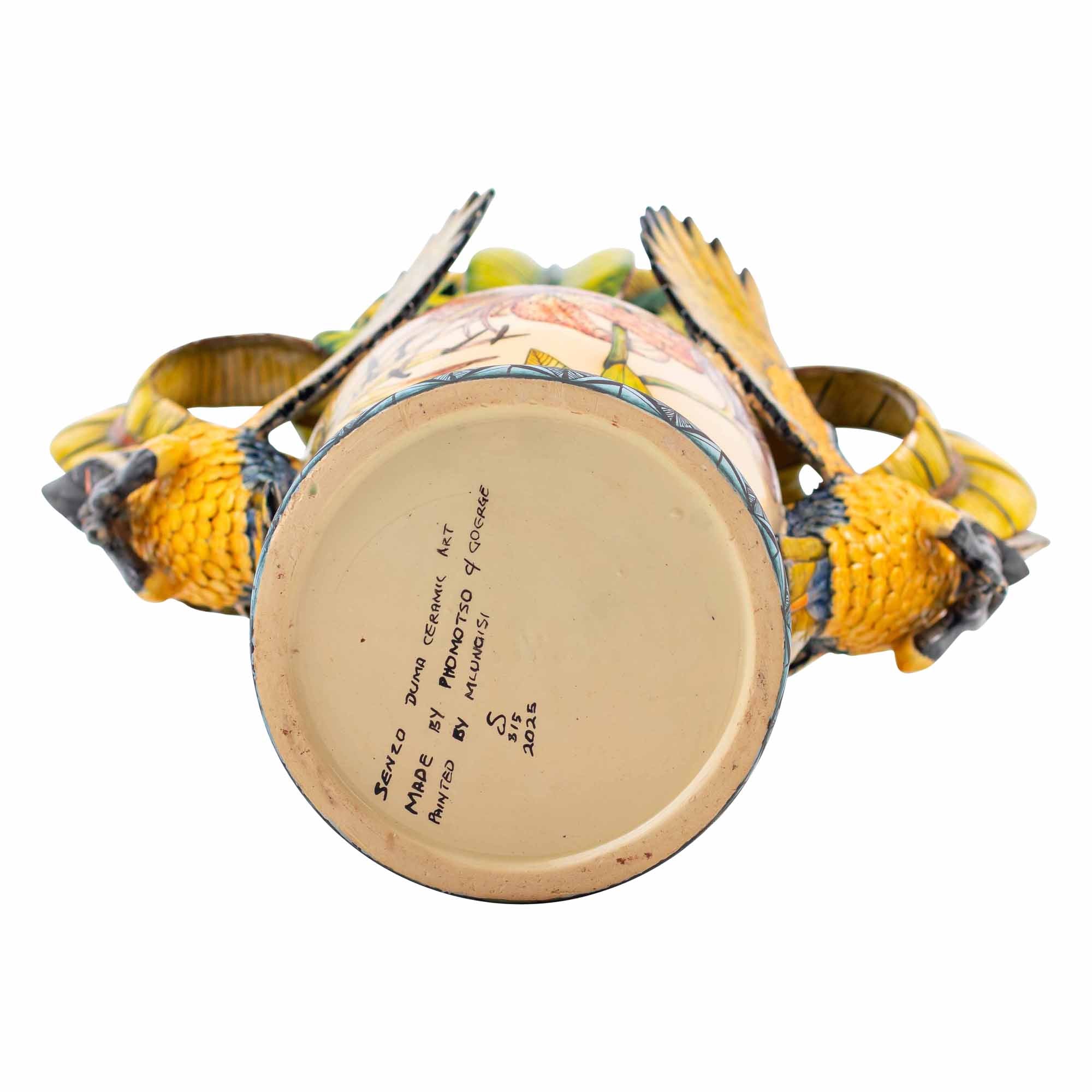 Parrot, lilium flower & palm leaves vase