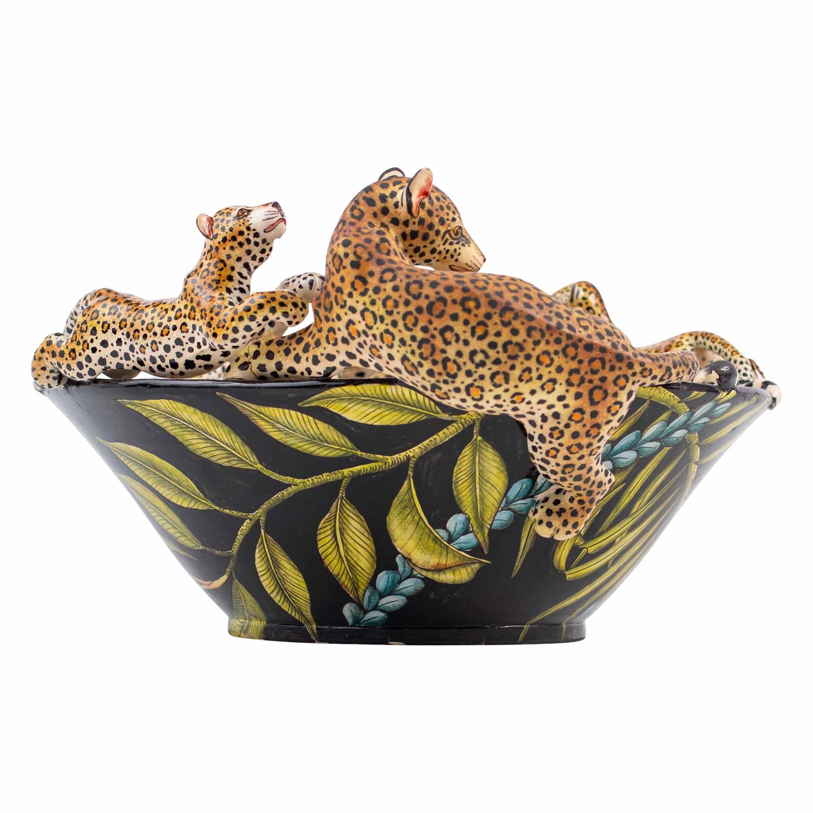 Leopard, palm leaves & protea bowl