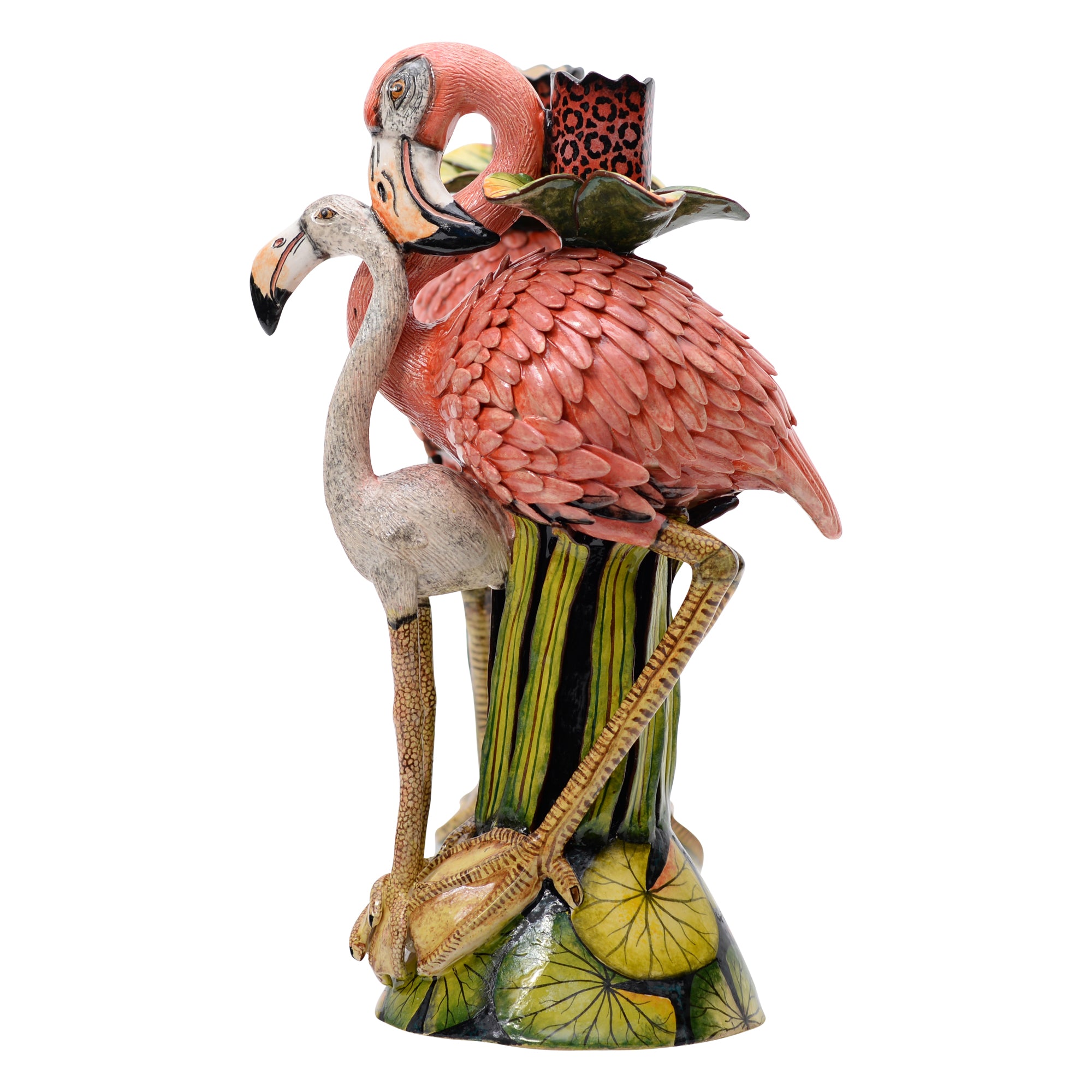 Flamingo, water lily candlestick