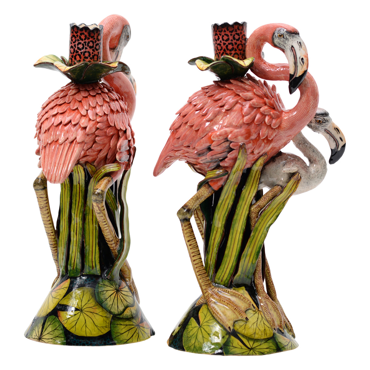 Flamingo, water lily candlestick