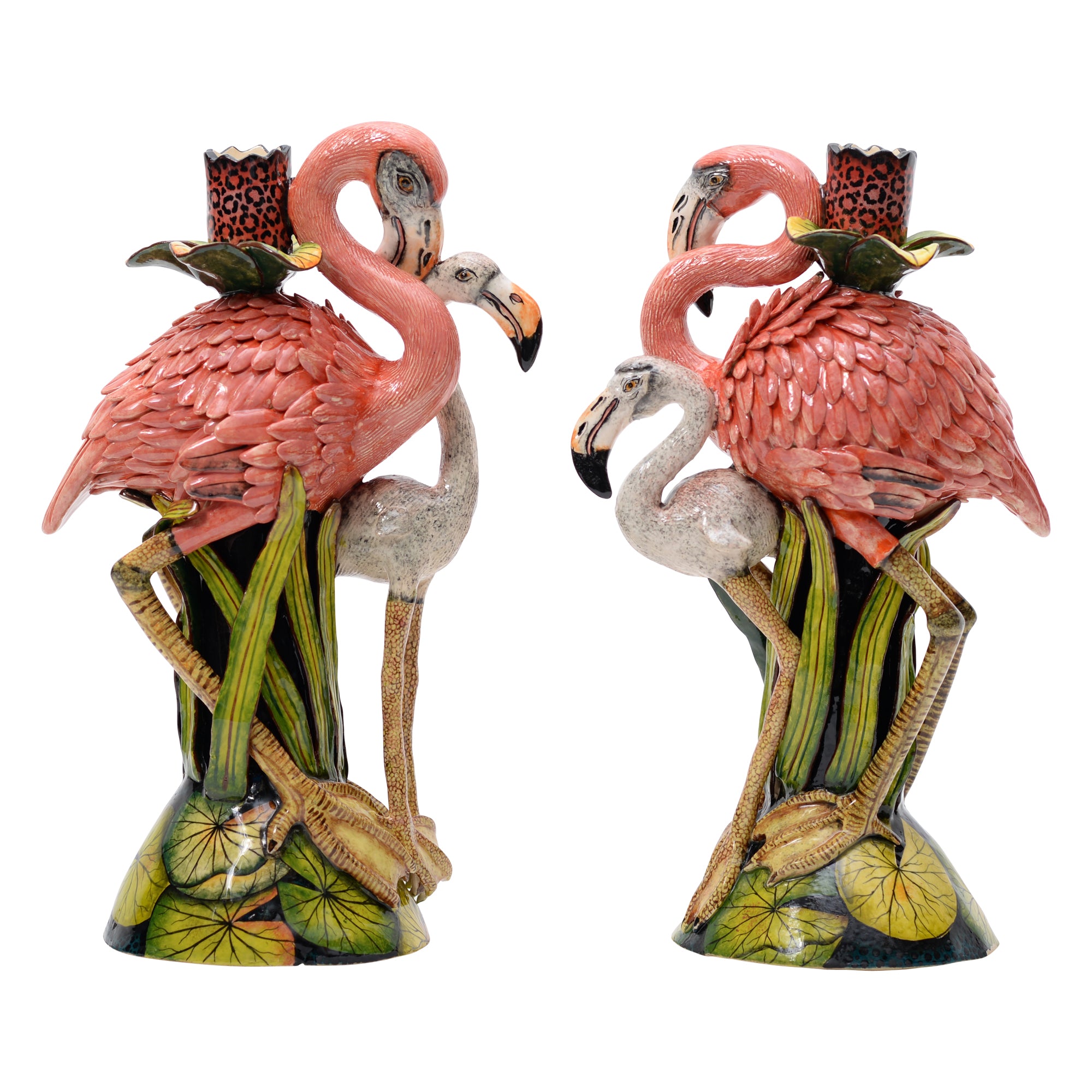 Flamingo, water lily candlestick