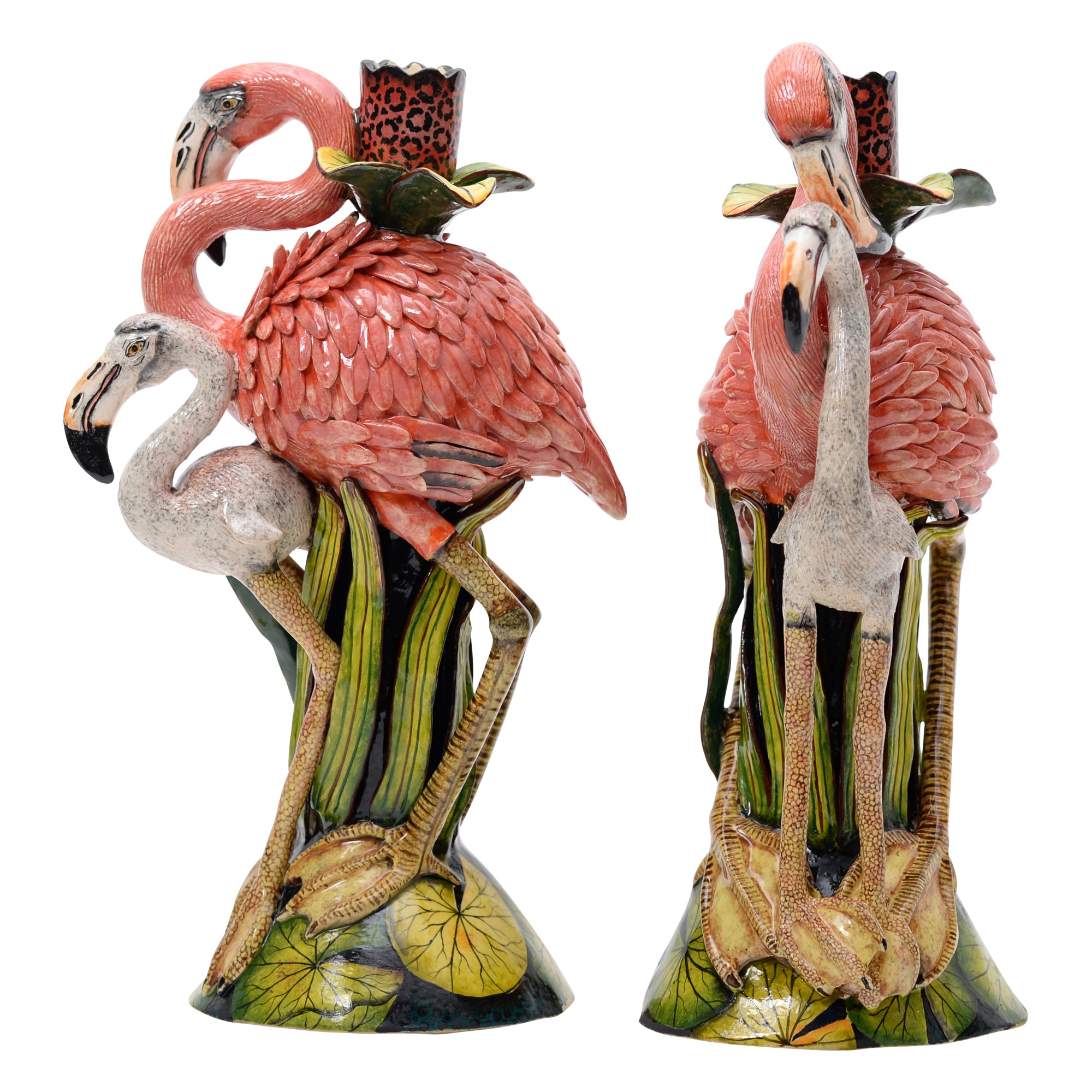 Flamingo, water lily candlestick