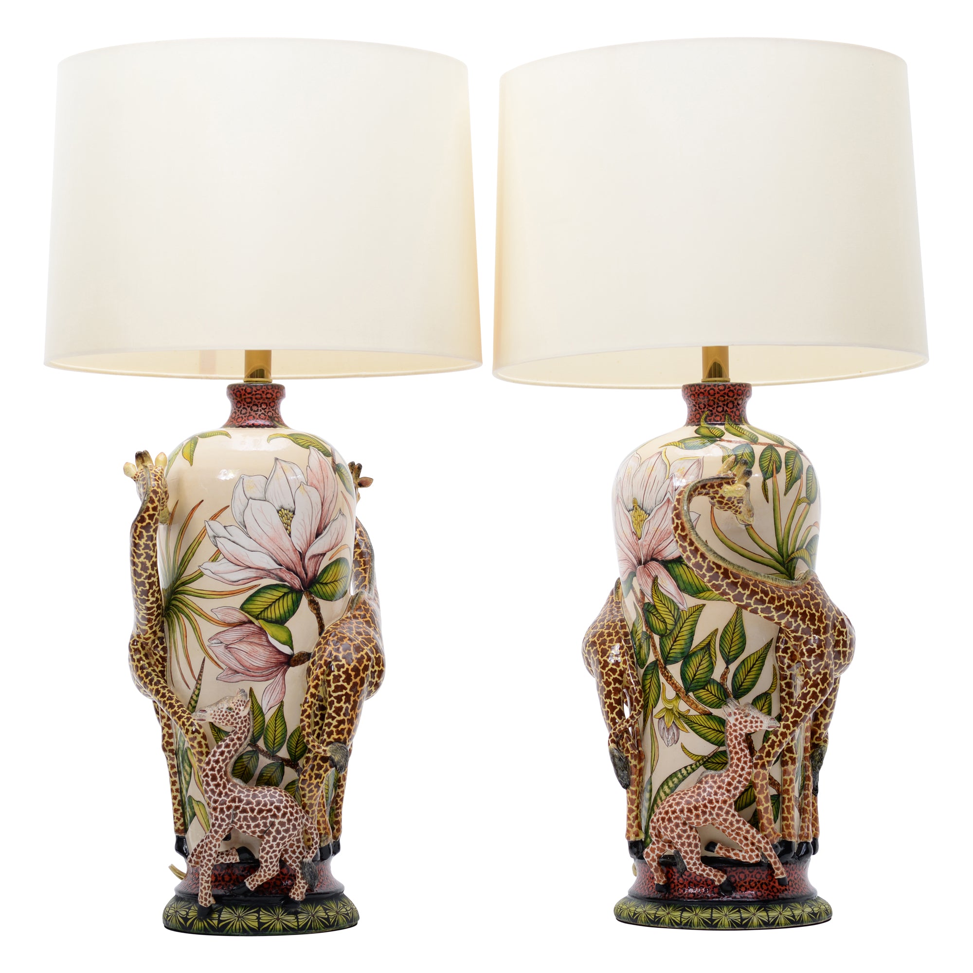 Pair of giraffe & magnolias lamps