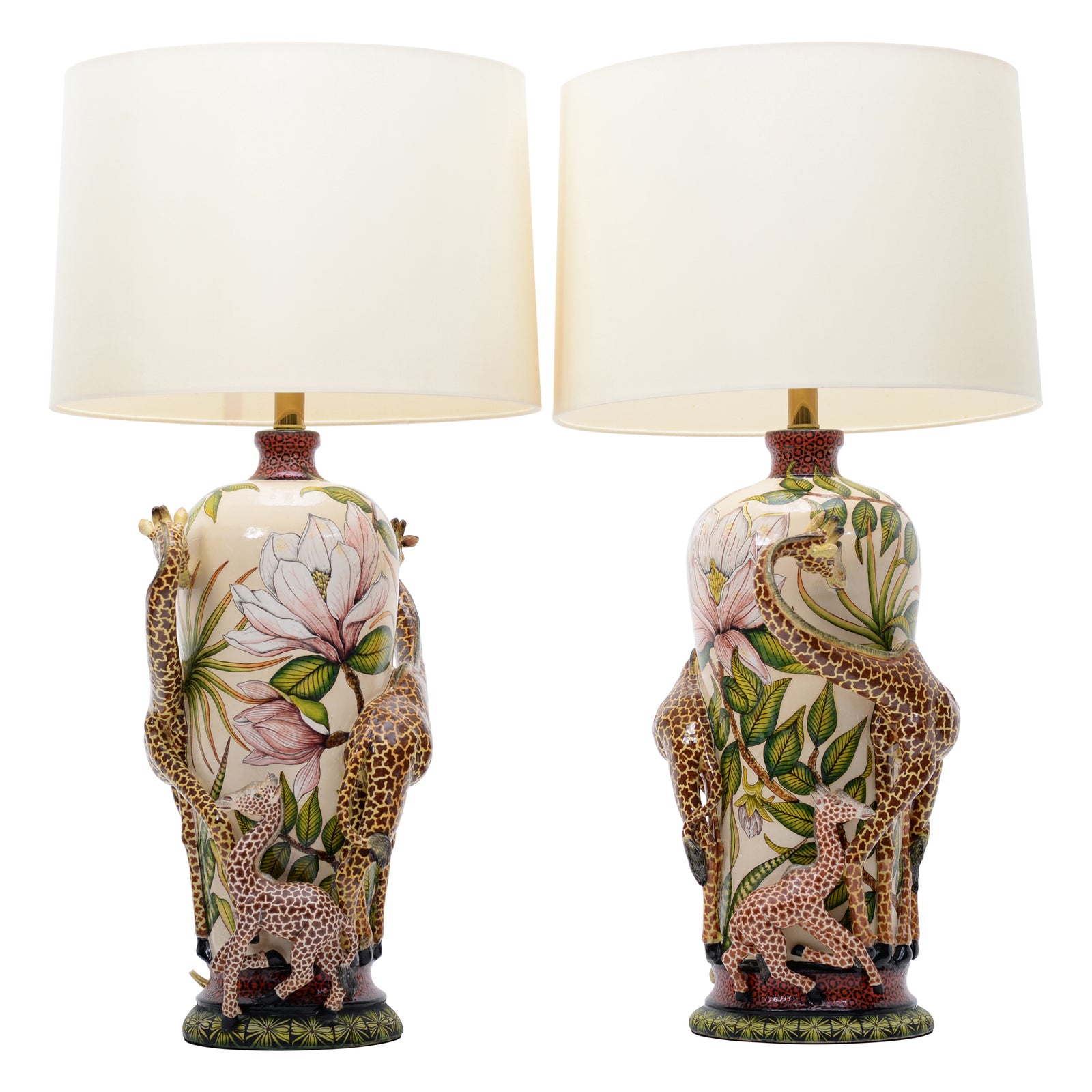 Pair of giraffe & magnolias lamps