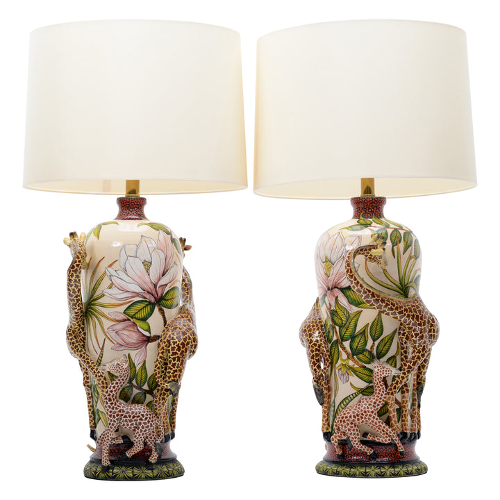 Pair of giraffe & magnolias lamps