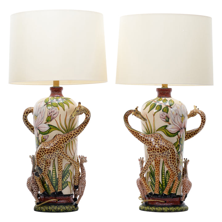 Pair of giraffe & magnolias lamps