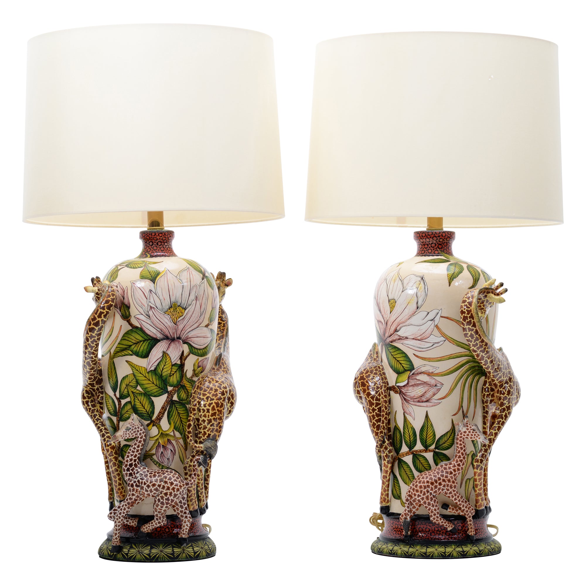 Pair of giraffe & magnolias lamps