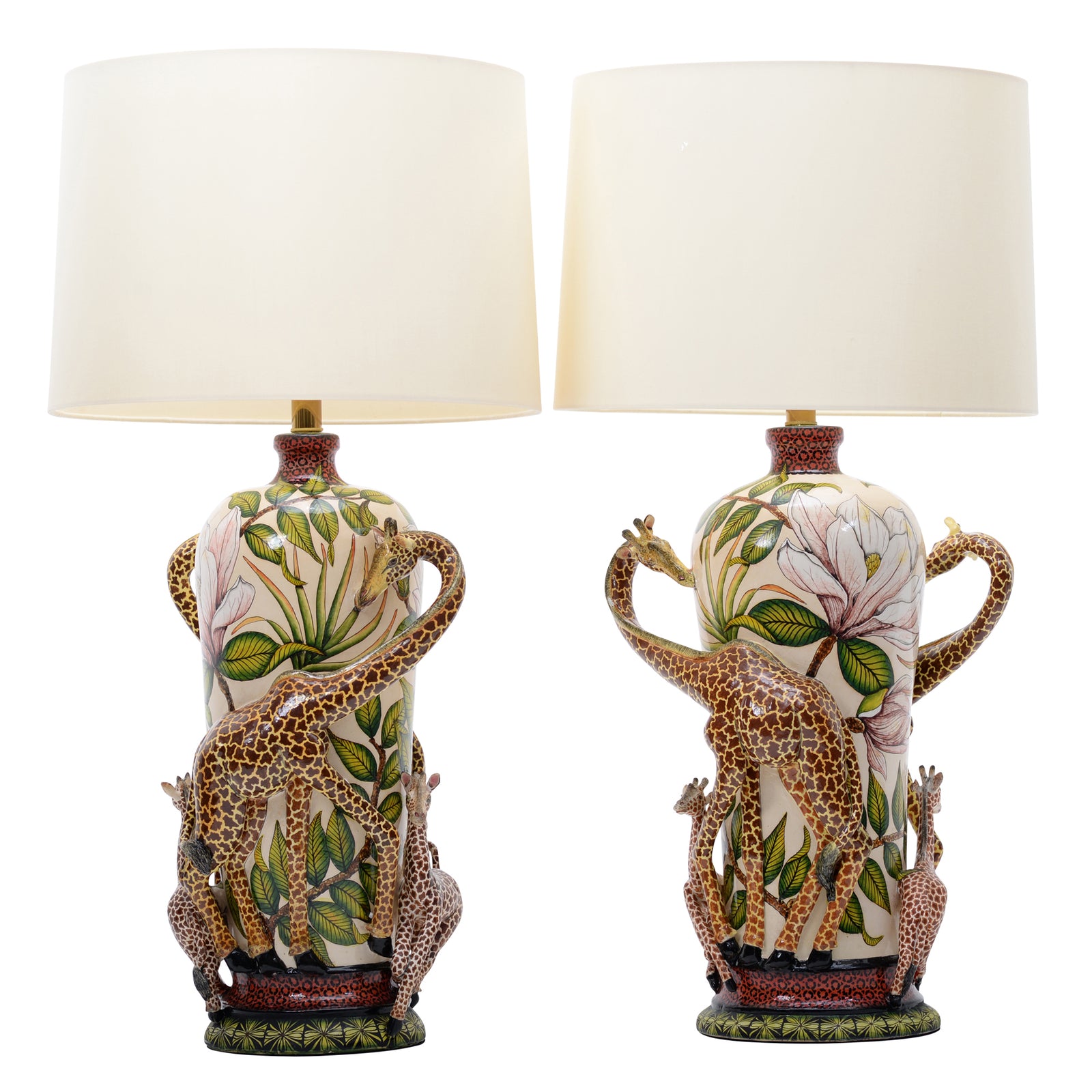 Pair of giraffe & magnolias lamps