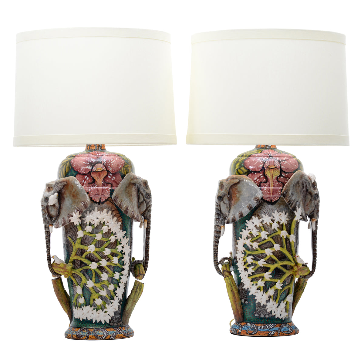 Pair of elephant & oxpeckers with orchids lamps