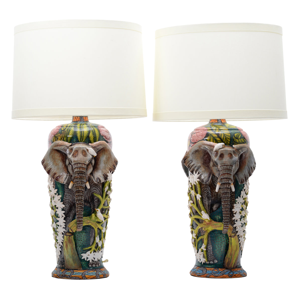 Pair of elephant & oxpeckers with orchids lamps