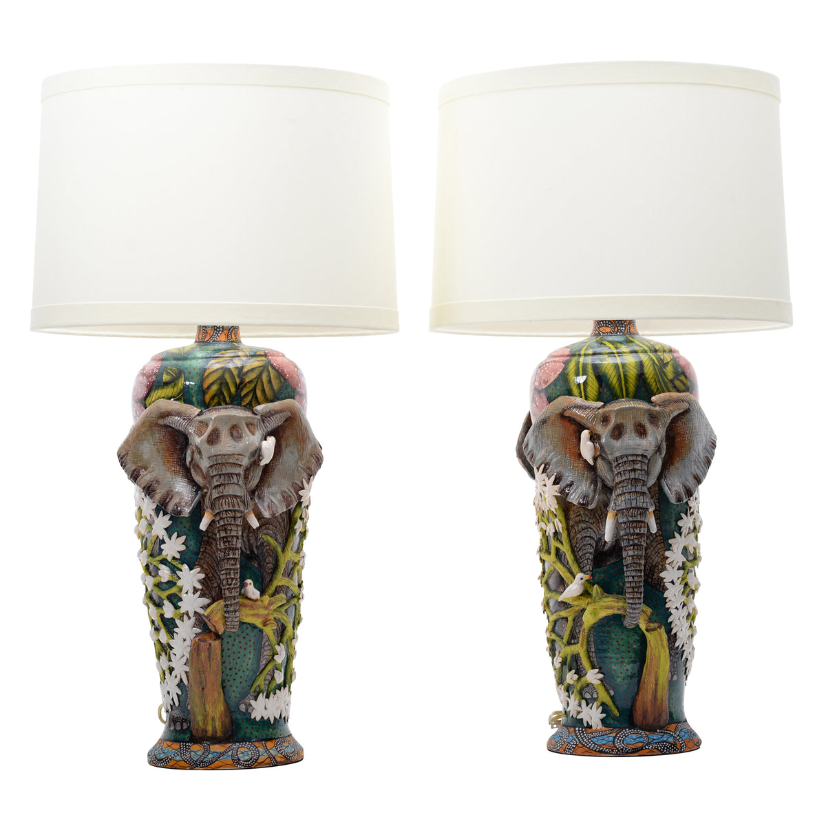 Pair of elephant & oxpeckers with orchids lamps