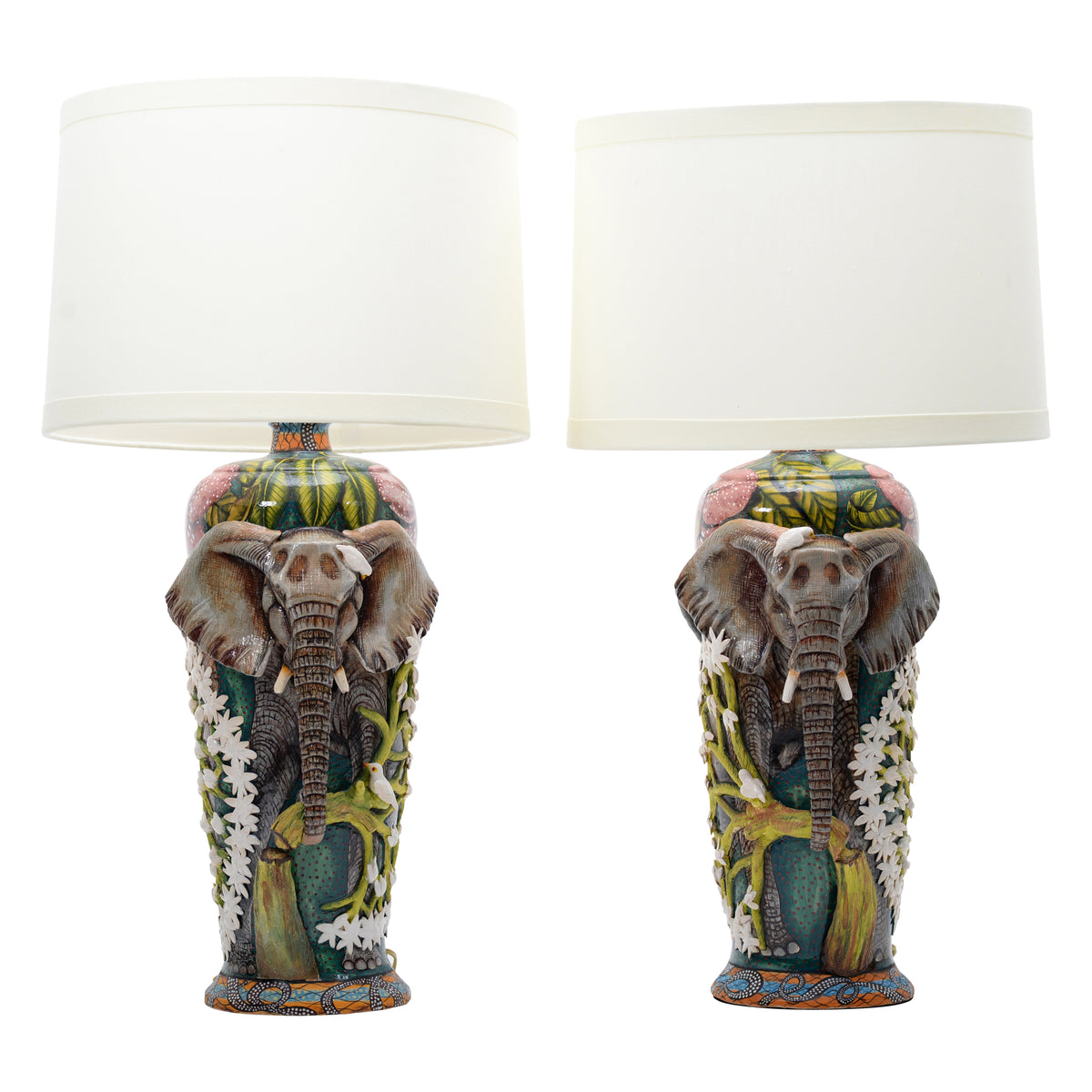 Pair of elephant & oxpeckers with orchids lamps