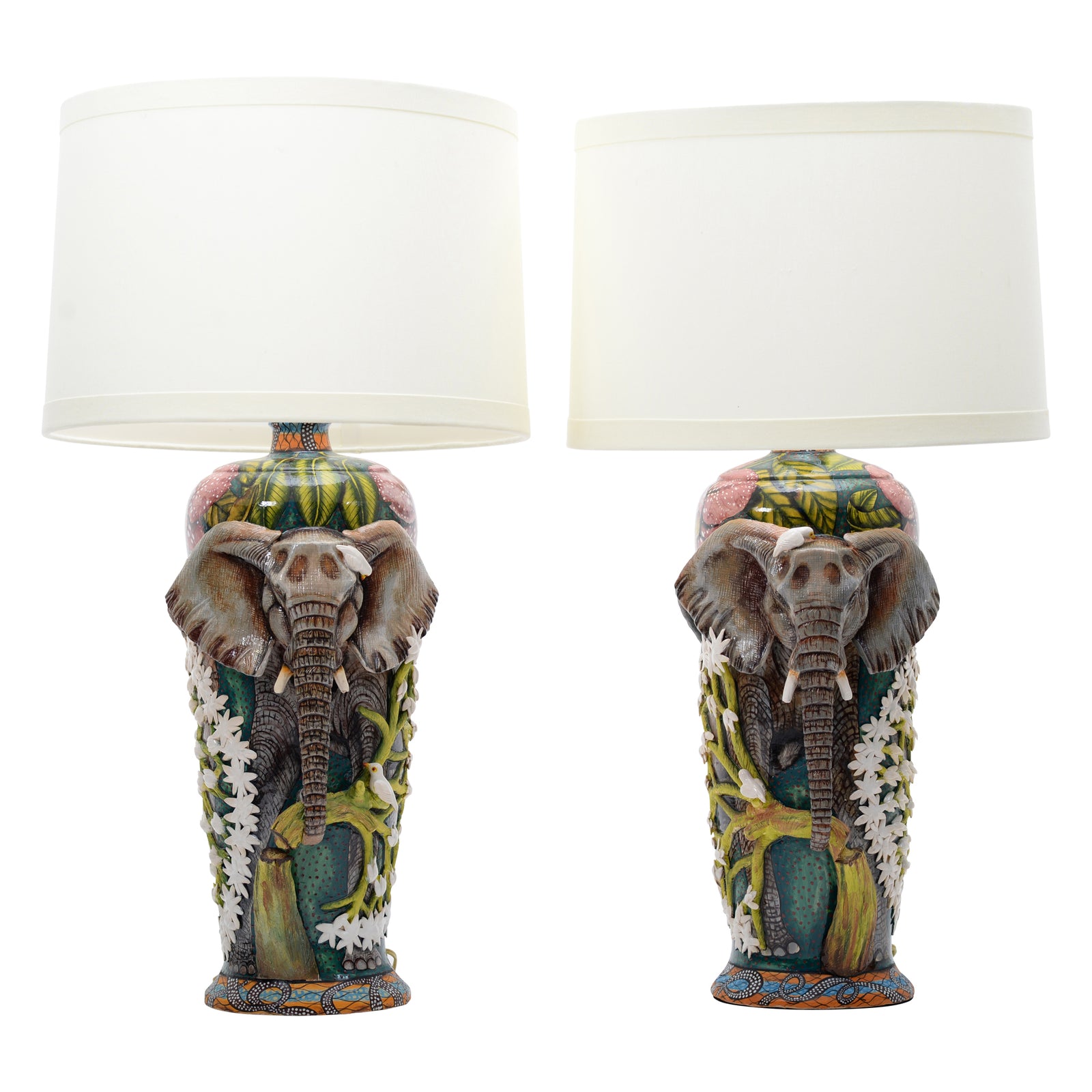 Pair of elephant & oxpeckers with orchids lamps