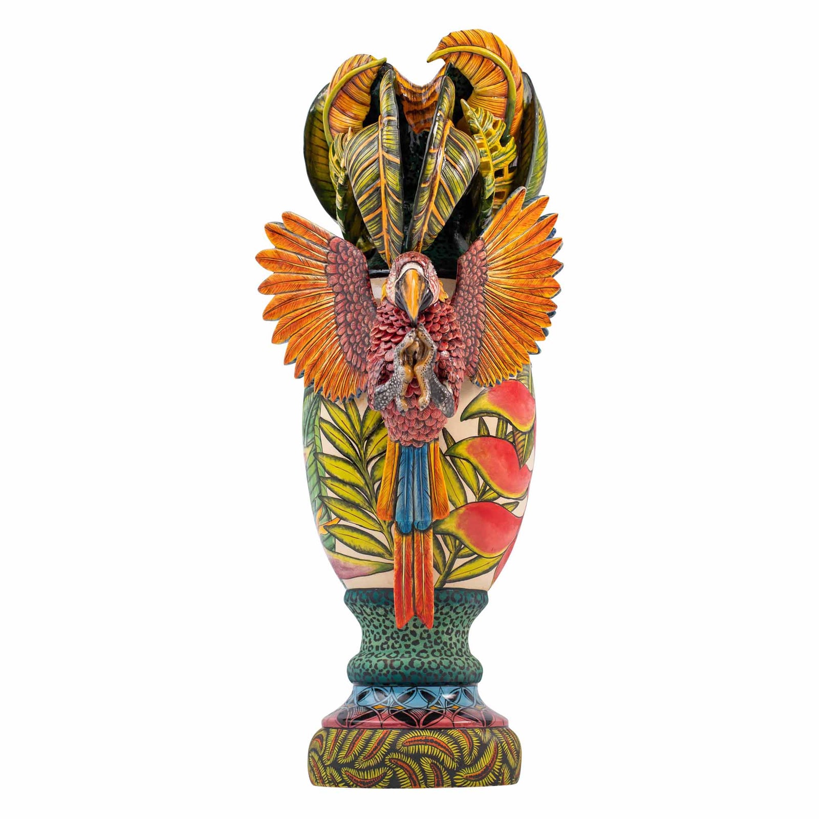 Parrot & palm leaves, heliconia flower vase