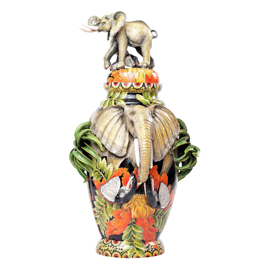 Elephants embrace in the forest vase