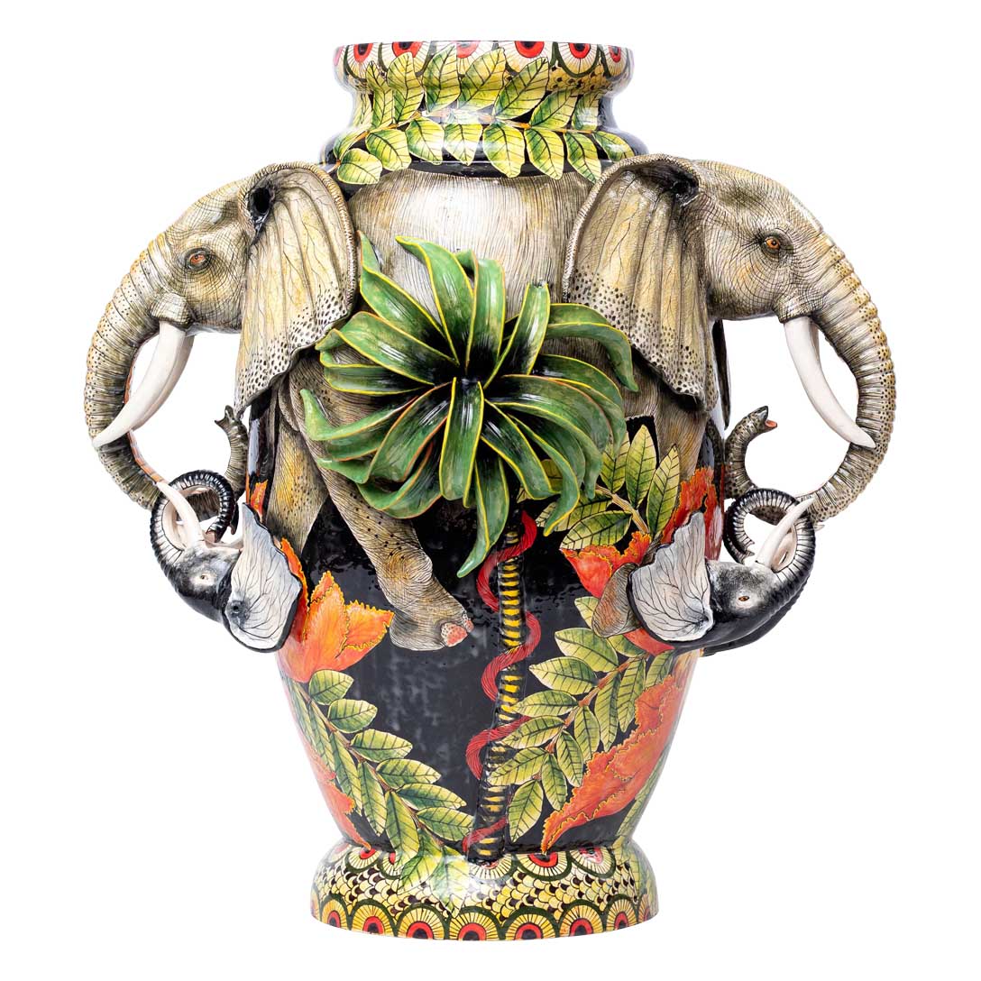 Elephants embrace in the forest vase