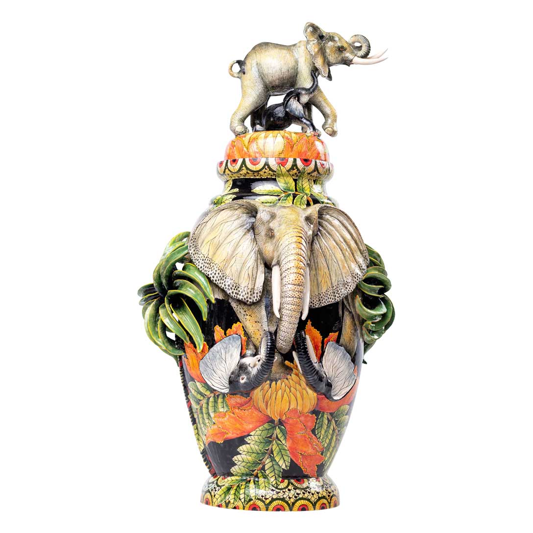 Elephants embrace in the forest vase