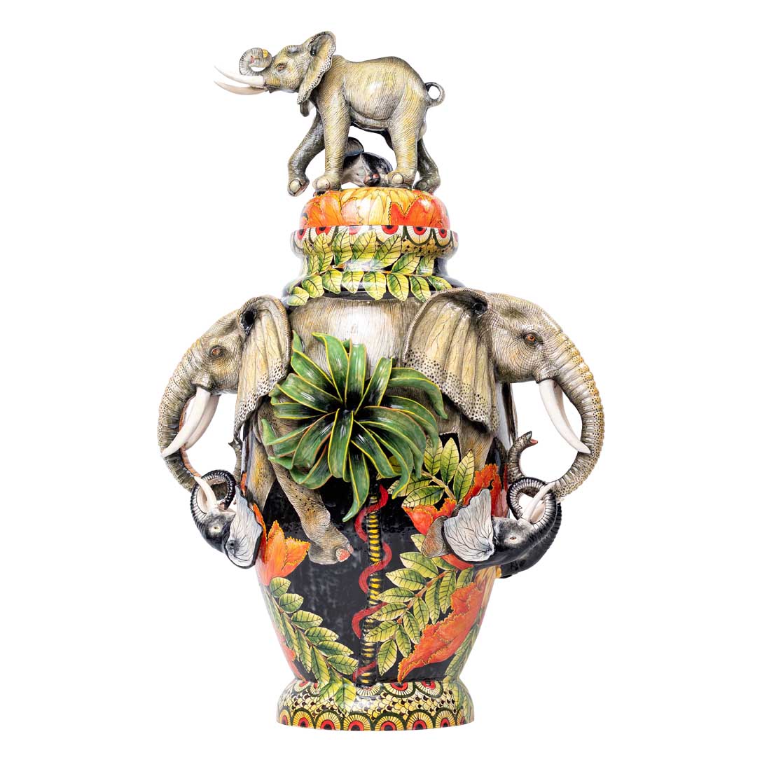 Elephants embrace in the forest vase