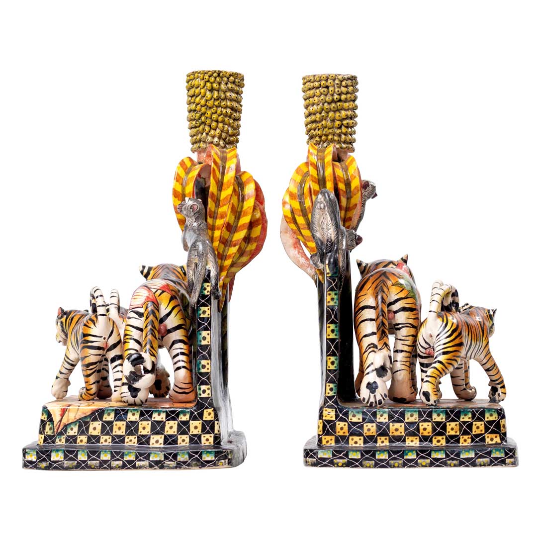 Pair of monkey & tiger candlesticks