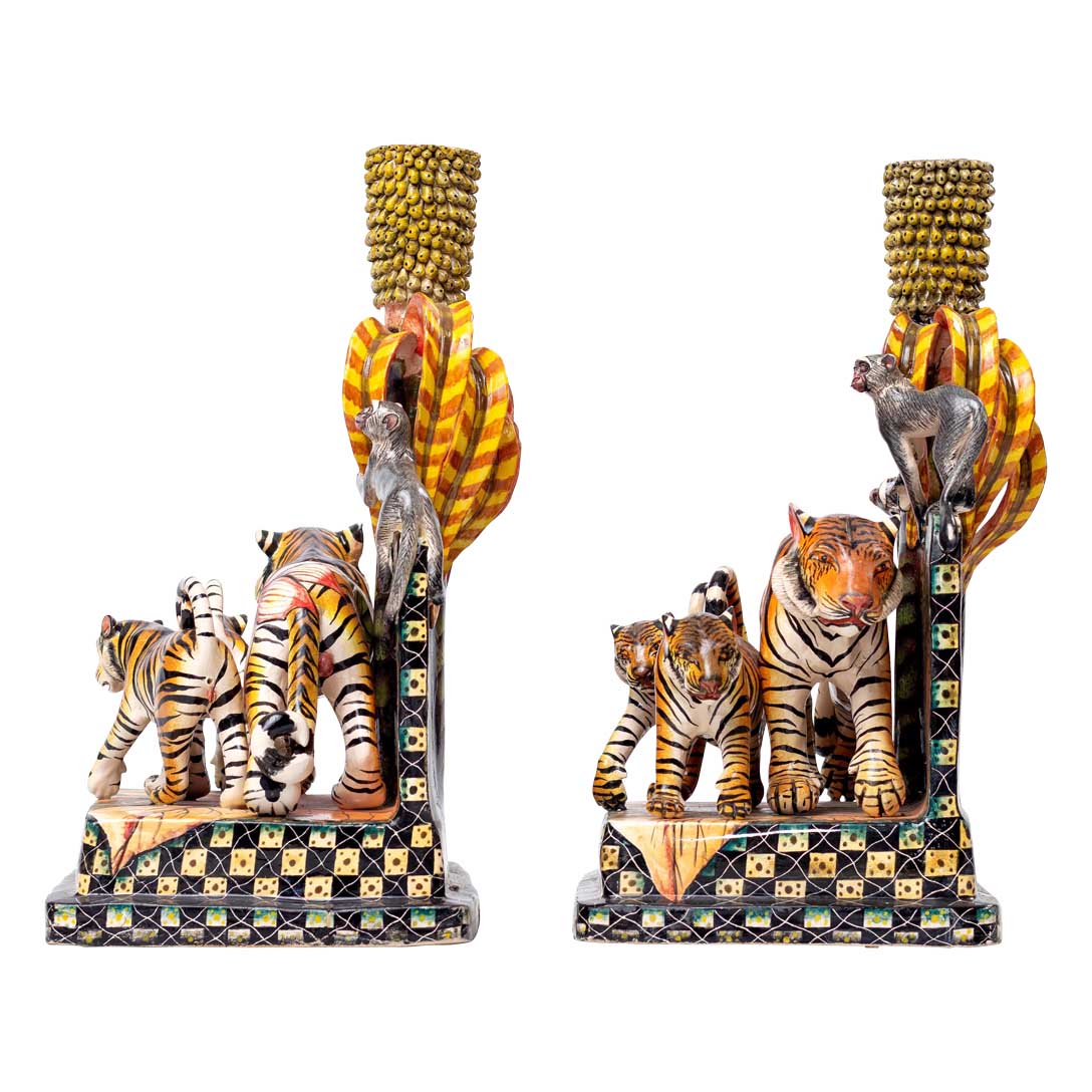 Pair of monkey & tiger candlesticks