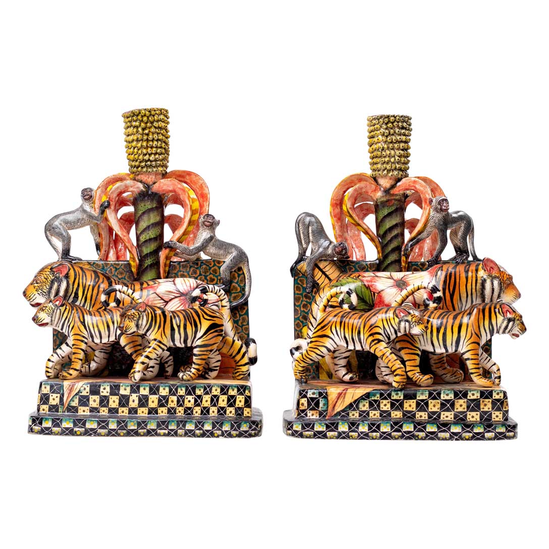 Pair of monkey & tiger candlesticks