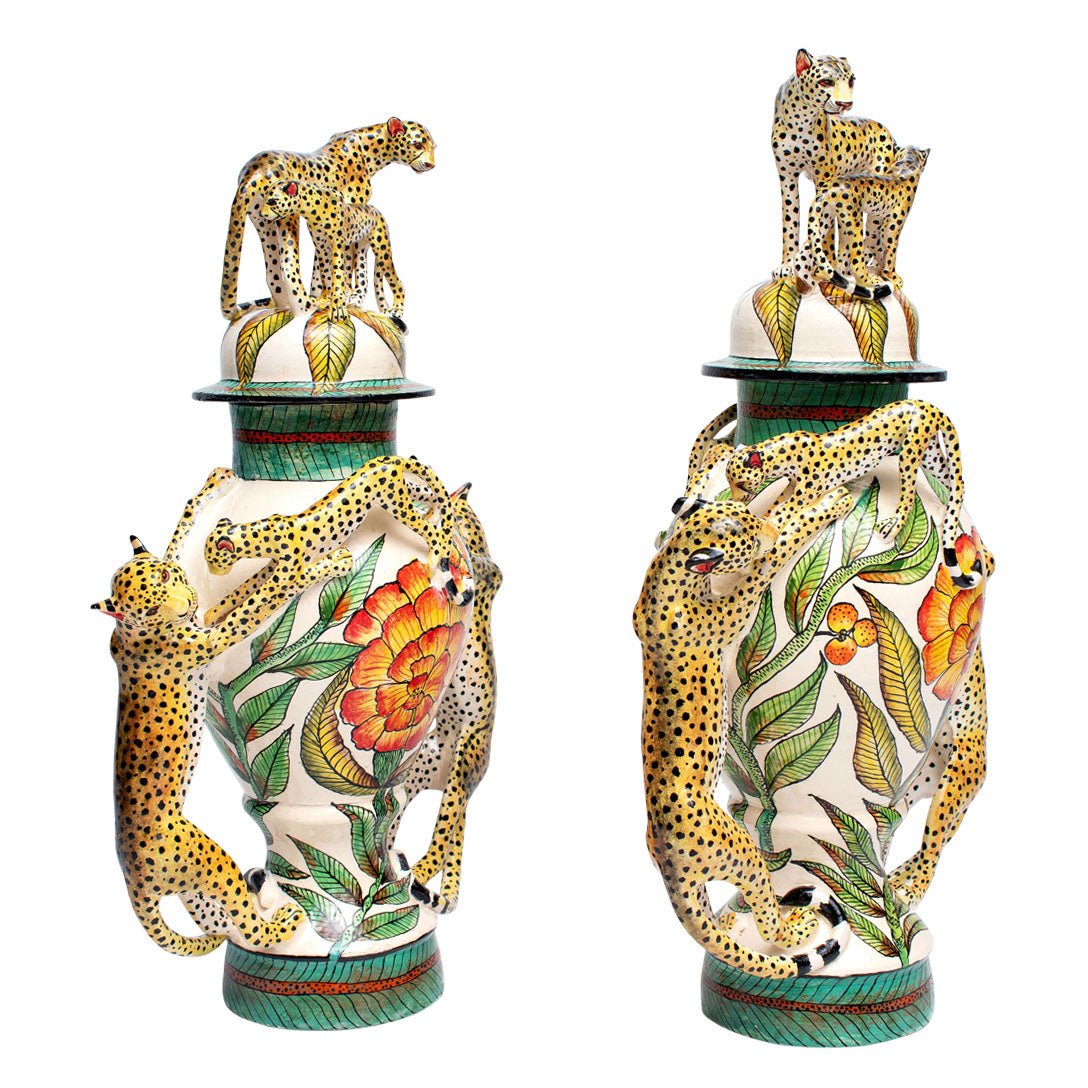 Cheetah urns pair