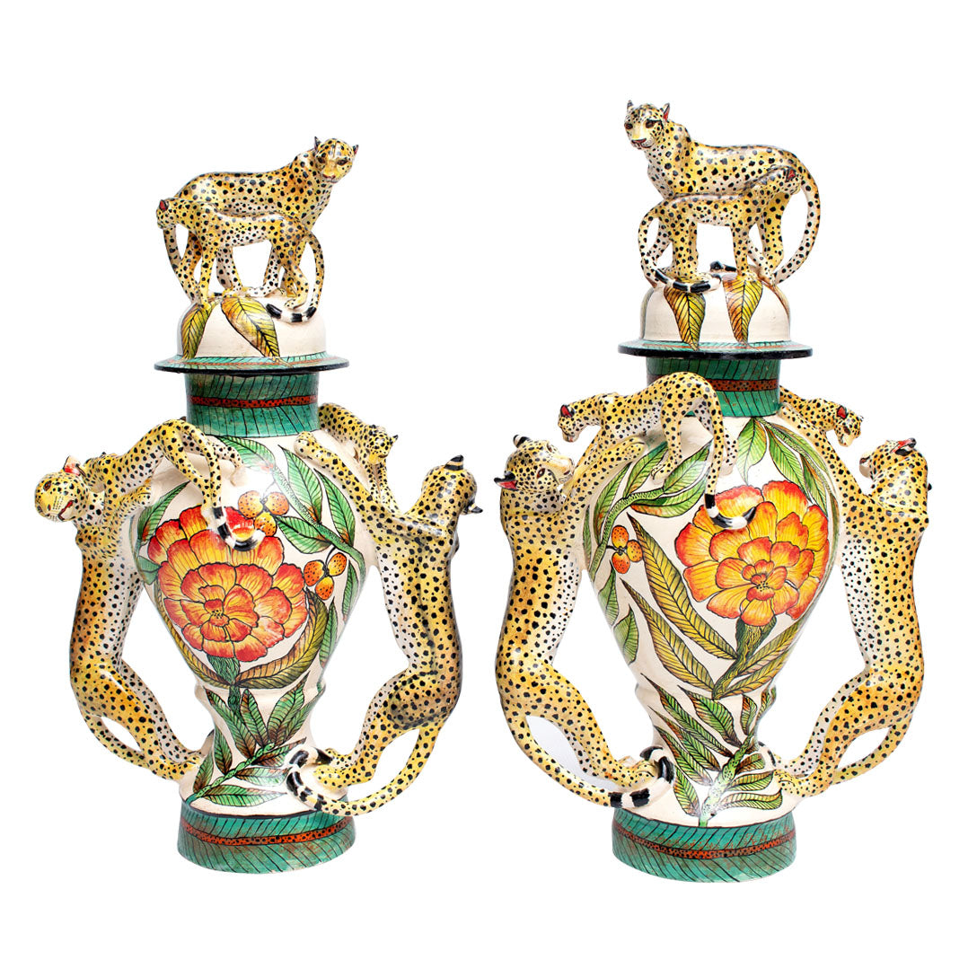 Cheetah urns pair