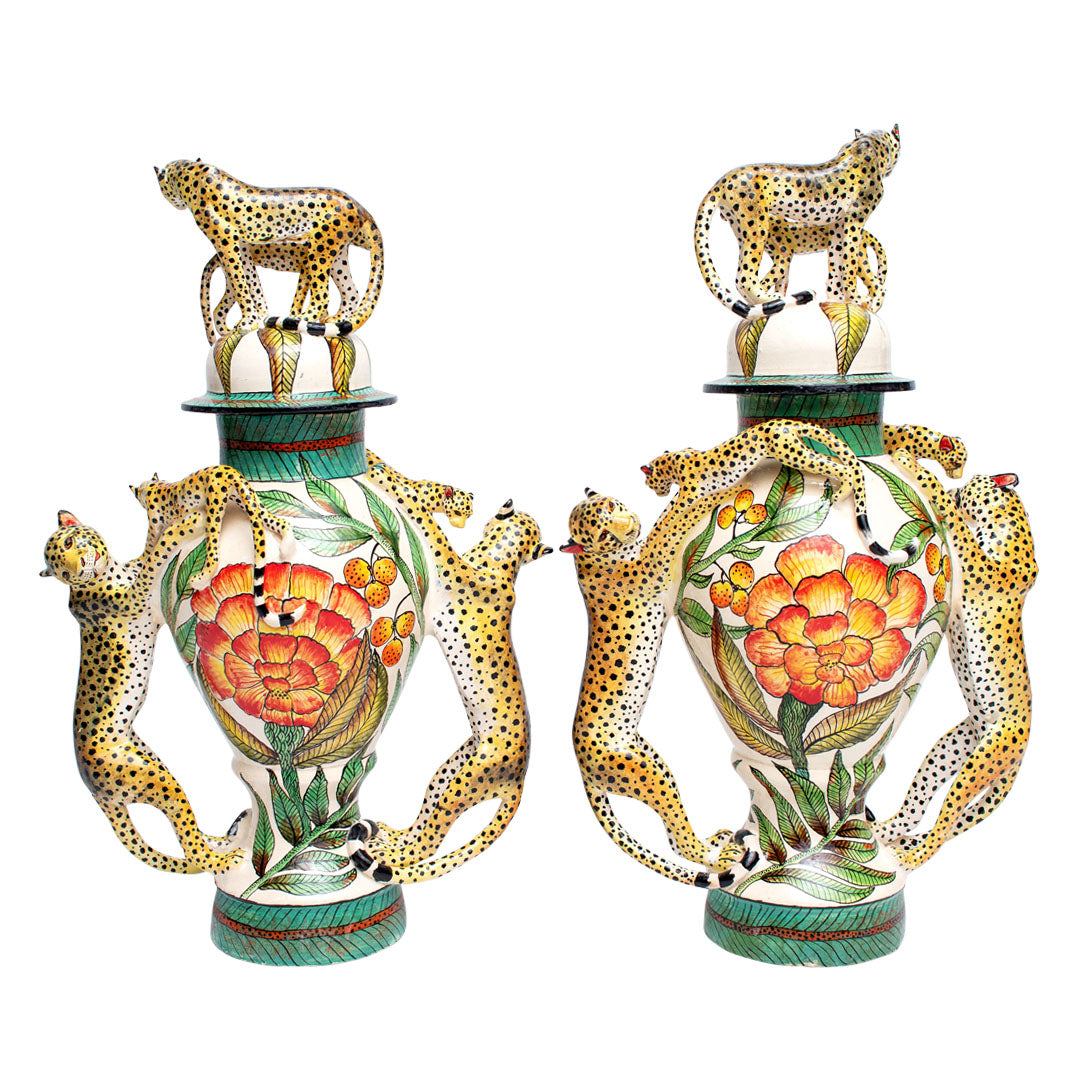 Cheetah urns pair