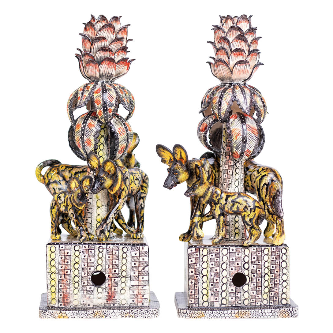 Pair of wild dog candlestick